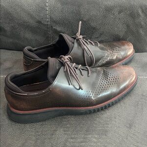 Cole Haan Brown Perforated Leather Lace-Up Oxfords with Red Accent